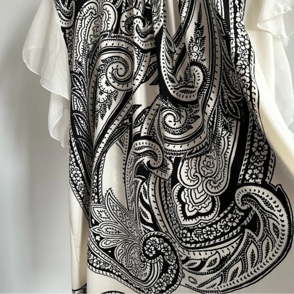 QED London Boho Tunic Top Dress White Black Paisley Flutter‎ Ruffle Sleeves - L - Picture 5 of 14